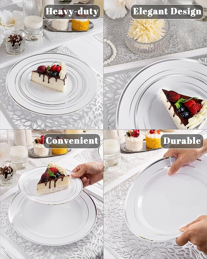 WDF 175PCS White and Silver Plastic Plates - Christmas Plastic Plates - 25Guests Silver Disposable Dinnerware Sets for Wedding/Birthday/Christmas