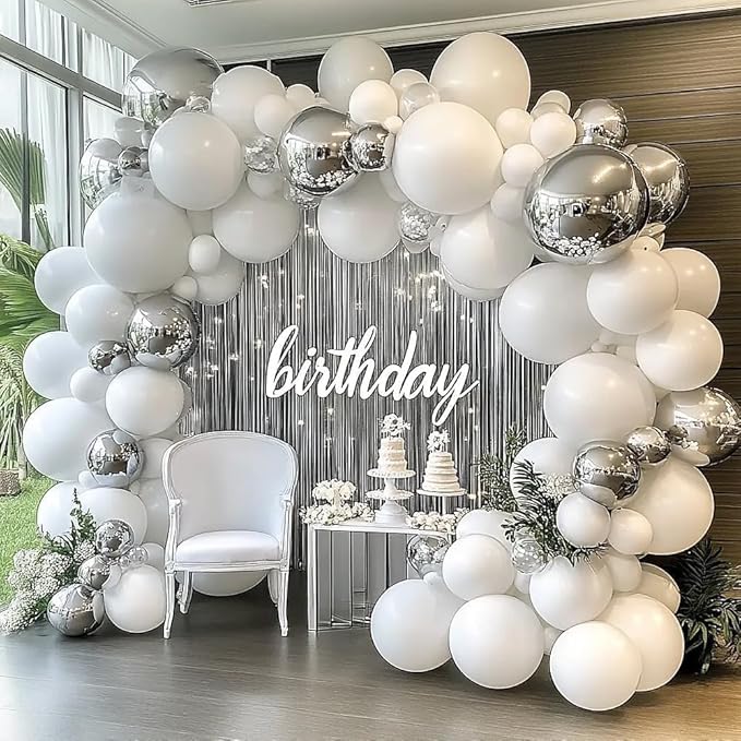 White Silver Balloon Garland Double Stuffed Clear Bobo White Pearl Balloon Arch Kit with Foil Balloons for Christmas New Year Birthday Wedding Baby Shower Anniversary Party Decorations