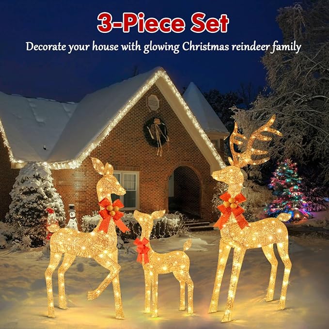 3-Piece Reindeer Outdoor Christmas Decoration, 5FT Large Lighted Christmas Deer Family Set, Outside Xmas Yard Lawn Decorations with 260 Bright LED Lights, Stakes, Zip Ties - Gold