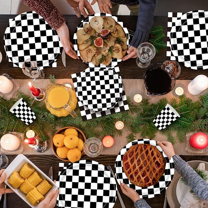 40 Pcs Race Car Birthday Party Decorations - Black and White Checkered Plates and Napkins for 20 Guests, Disposable Tableware Supplies for Birthdays, Game Day, and Racing-Themed Parties