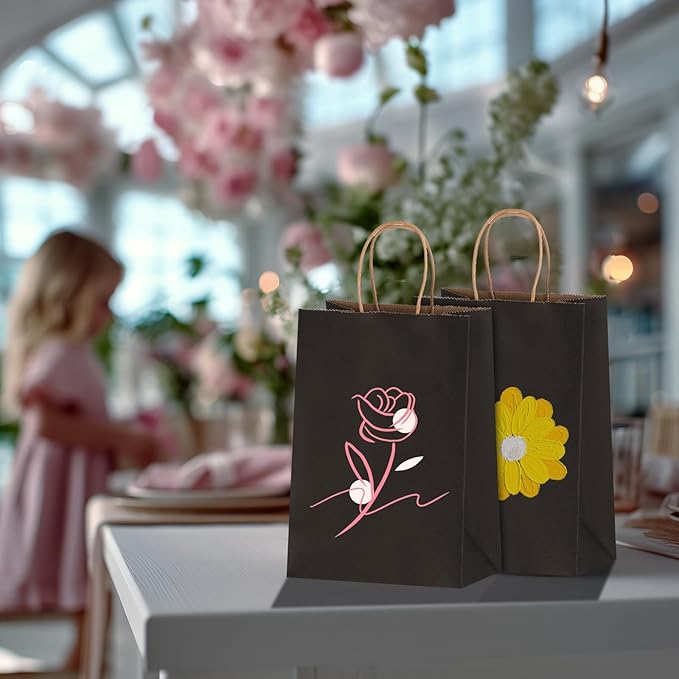 Joybe 100 Pack 6x3.25x8 Inch Small Black Paper Bags with Handles Bulk, Kraft Paper Gift Bags for Birthday Party Favors Grocery Retail Shopping Business Goody Merchandise Craft Blank Sacks (100pcs)