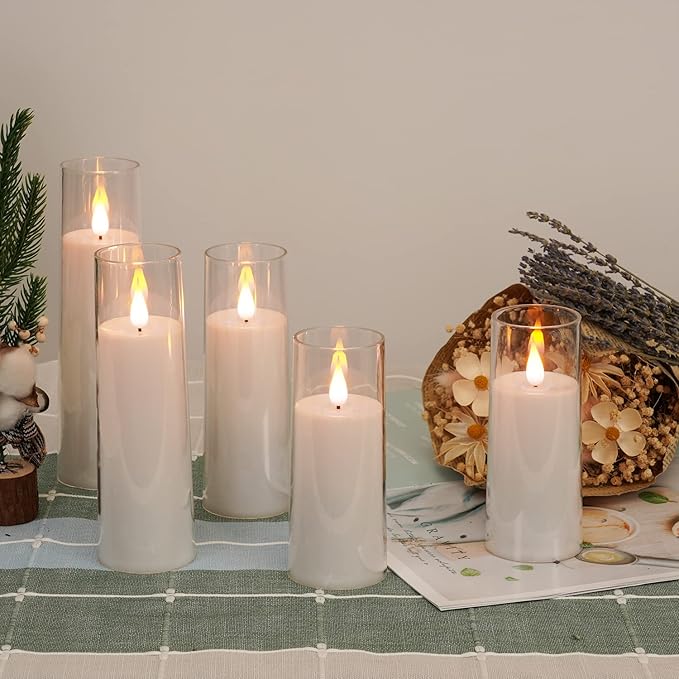 Amagic Pure White Flameless Candles, Battery Operated Candles, Acrylic Flickering LED Pillar Candles with Remote Control and Timer, 3D Wick, Yellow and Blue Glow, D2.2 xH5 6" 7", Set of 9