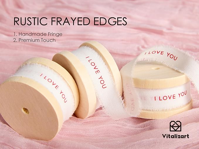 Vitalizart I Love You Cotton Ribbon 5/8 Inch Natural Handmade Frayed Fringe Ribbons for Mothers Day Gift Wrapping Anniversary Crafts Wedding Bridal Flower Bouquets Decor 15 Yd