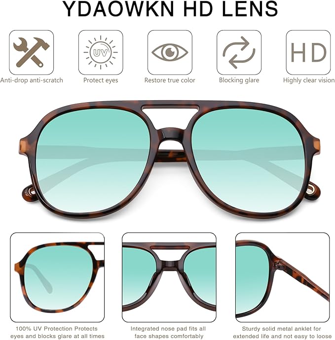 YDAOWKN Retro Square Aviator Sunglasses for Womens Mens Vintage 70s Double Bridge Sun Glasses