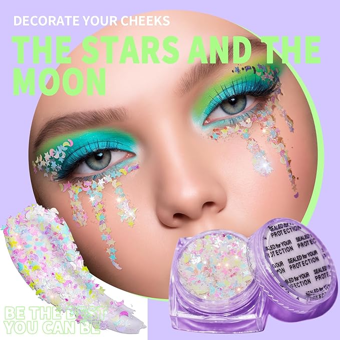 Teenitor Face Glitter Body Glitter, Clear White Body Glitter Gel, Hair Glitter Gel, 6 Shapes Rave Glitter, Mermaid Sequins Makeup Glitters Face Paint, Chunky Sparkling Glitter Gel for Women