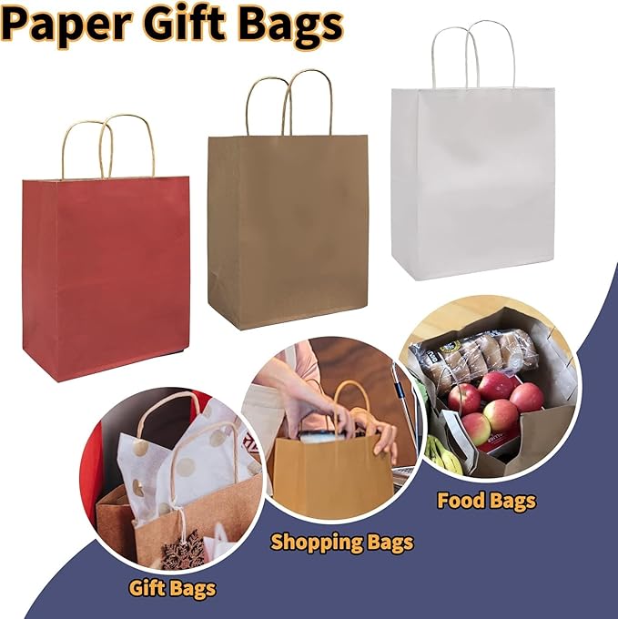 FACEBAG 100-Pack Red Paper Bags with Handles Bulk,8x4.25x10.5 Inch Gift Bags, Red Kraft Paper Bags, Applicable to Retail, Party, Shopping, Festival,Reusable & Durable