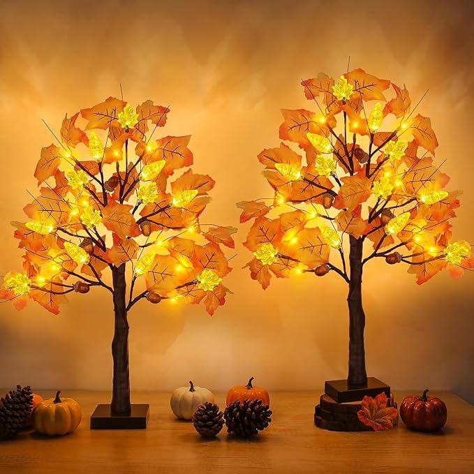 2 Pack 24 Inch Prelit Fall Maple Tree Decorations with 48 LEDs Timer Fall Battery Operated Lighted Artificial Pumpkin Acorn Light Up Maple Tree for Thanksgiving Harvest Table Home Indoor Decor