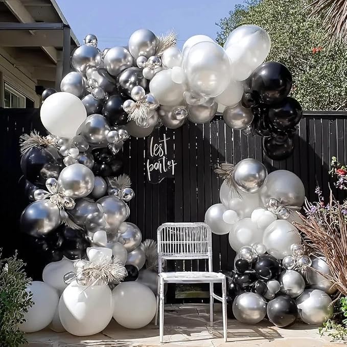 Black White Balloon Garland Arch Double Stuffed Pearl White Black Silver Balloons Different Size Balloons Set for Christmas New Year Birthday Anniversary Wedding Halloween Party Decorations