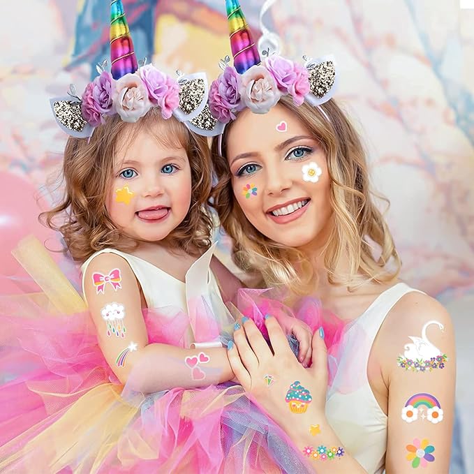 Unicorn Rainbow Temporary Tattoos for Kids, 118 Pcs Metallic Fake Tattoos | Unicorn Birthday Party Supplies Favor, Cute Rainbow Flower Design, 4 Sheets Bronzing Tattoos for Boy and Girls