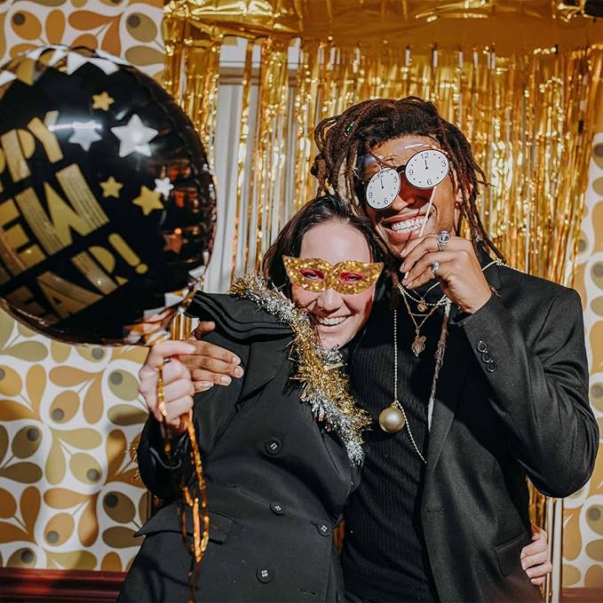 Happy New Year Party Decoration 2026 - New Years Eve Party Supplies 2026 Foil Balloon, Happy New Year Banner, New Years Photo Props, Gold Black Bunting Swirl Streamers, Pom Poms New Years Décor