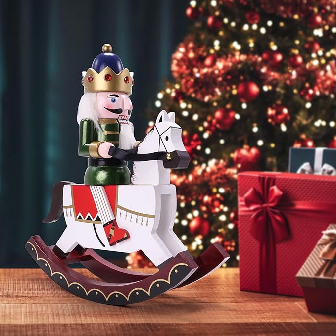 11" Wooden Rocking Horse Soldier Nutcracker, Festive Christmas Decoration, Handcrafted Nutcracker Collectible Christmas Decor for Tabletop, Shelves, and Fireplace Mantel