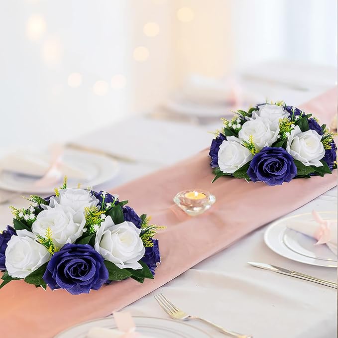 BLOSMON Navy Blue Rose Flowers: 2 Pcs Fake Floral Balls Centerpiece for Wedding Table Centerpieces - Artificial Silk Kissing Bouquet Flower Arrangement for Home Party Event Decor