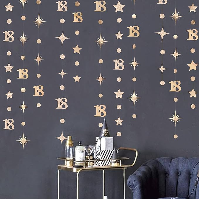Champagne Gold 18th Birthday Decorations Number 18 Circle Dot Twinkle Star Garland Streamer Banner Backdrop for Girls Boys Happy 18th Birthday Time to Adult Cheers to 18 Years Old Anniversary Party