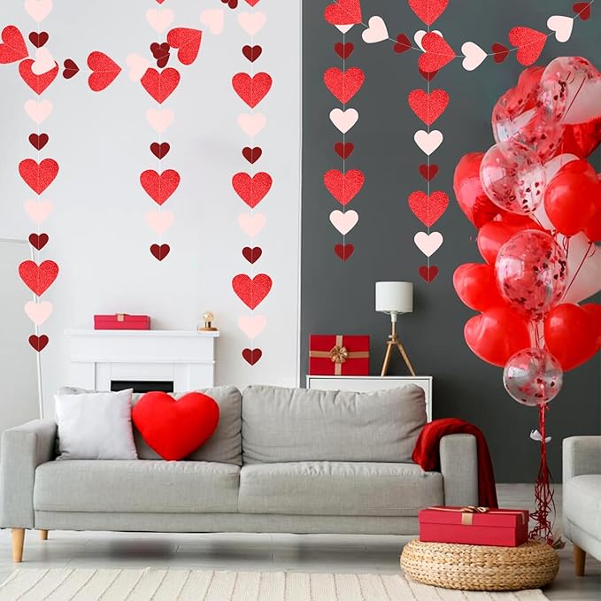 Pink Burgundy-Red Party-Decorations Garland - 52Ft Proposal Special Night Galentines Heart Paper Streamers Banner,Bachelorette Bridal Shower Engagement Wedding Decor Lasting Surprise