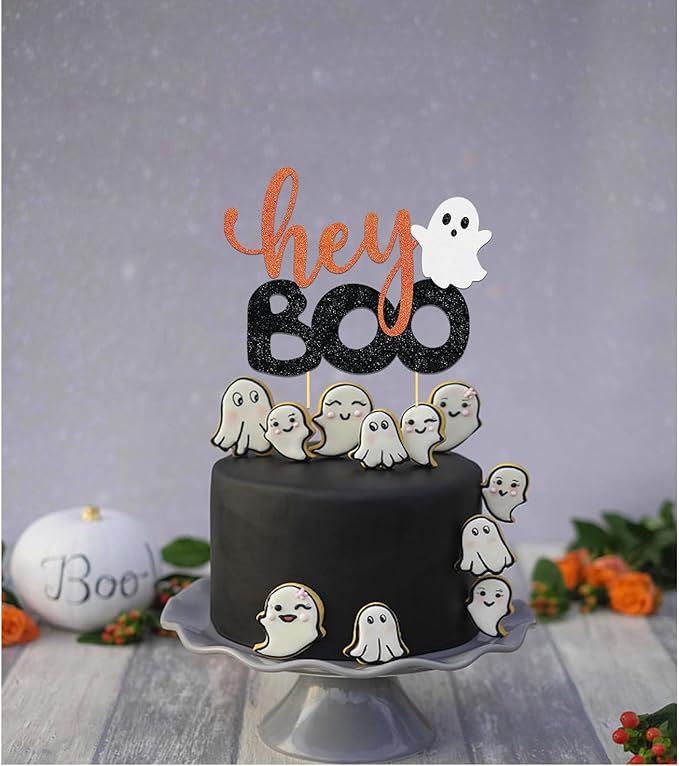 Hey Boo Cake Topper - Happy Boo Day Ghost Cake Topper, Ghost Halloween Cake Decorations for Birthday, Baby Shower, Party Supplies