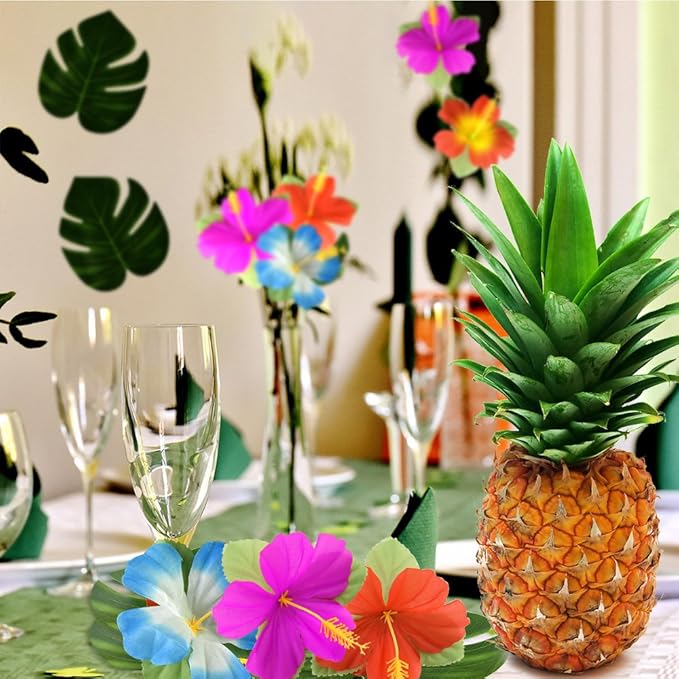 KUUQA 88 Pcs 20cm/8" Tropical Palm Leaves and Silk Hibiscus Flowers Party Decor, Artificial Monstera Plant Leaves Flowers Hawaiian Luau Party Jungle Beach Theme BBQ Birthday Party Decorations Supplie