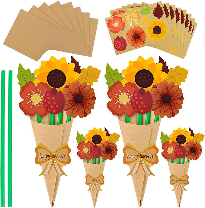FOIMAS 24 Pack Fall Flower Bouquet Paper Craft Sunflower Fall Leaves Bouquet Make Your Own Bouquet Crafts for Fall Thanksgiving Craft Supply