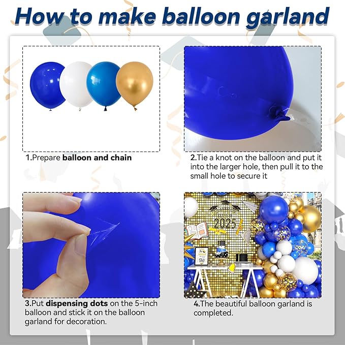 Blue Gold White Balloons Arch Kit with Explosion Star 4D Gold Foil Balloon Royal Blue White Golden Confetti Balloons Garland for Blue 2025 Graduation Decoration Birthday Baby Shower Party