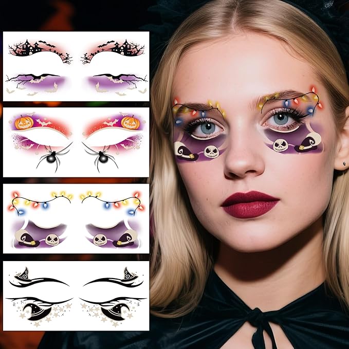 24 Pairs Halloween Luminous Eye Shadow Temporary Tattoos, Eyeliner Tattoo Stickers Spider Web Bat Pattern, Glow in the Dark Eyeliner Fake Tattoos for Women Men Eye Makeup Halloween Party Supplies