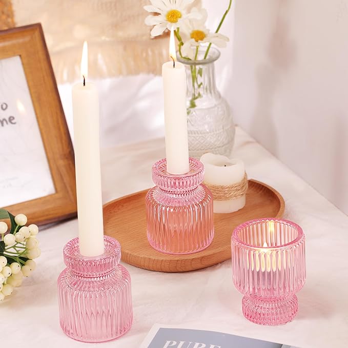 DARJEN 6 Pcs Pink Candlestick Holders - Glass Taper Candle Holders Tealight Votive Candle Holders for Table Centerpieces, Wedding, Dinner Party, Home, Gifts