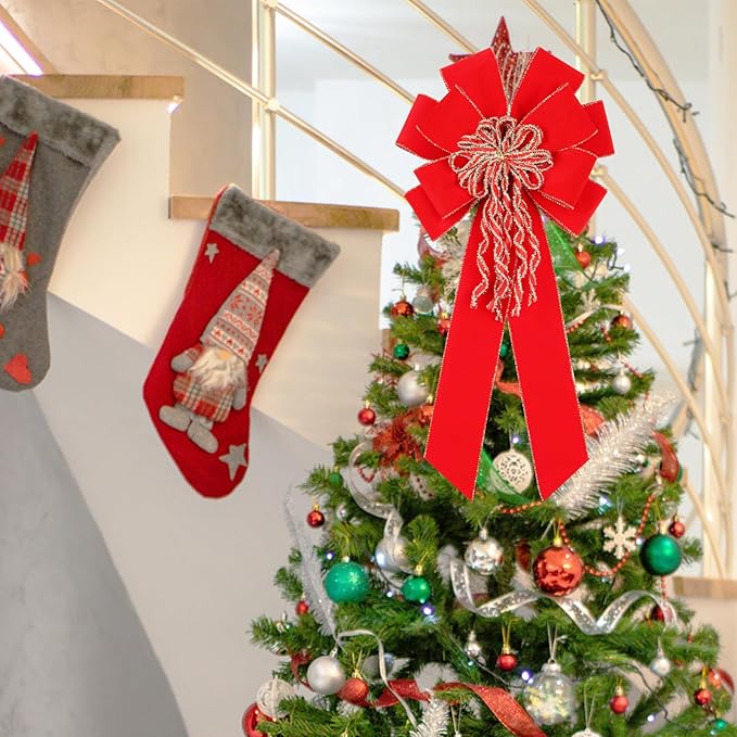 Super Holiday 2 Pack Red Christmas Bows, 20”x10.5” Large Velvet Christmas Tree Topper Ornaments for Xmas Tree Decorations, for Home Front Door Wreath Bow Indoor Outdoor Party Decor.