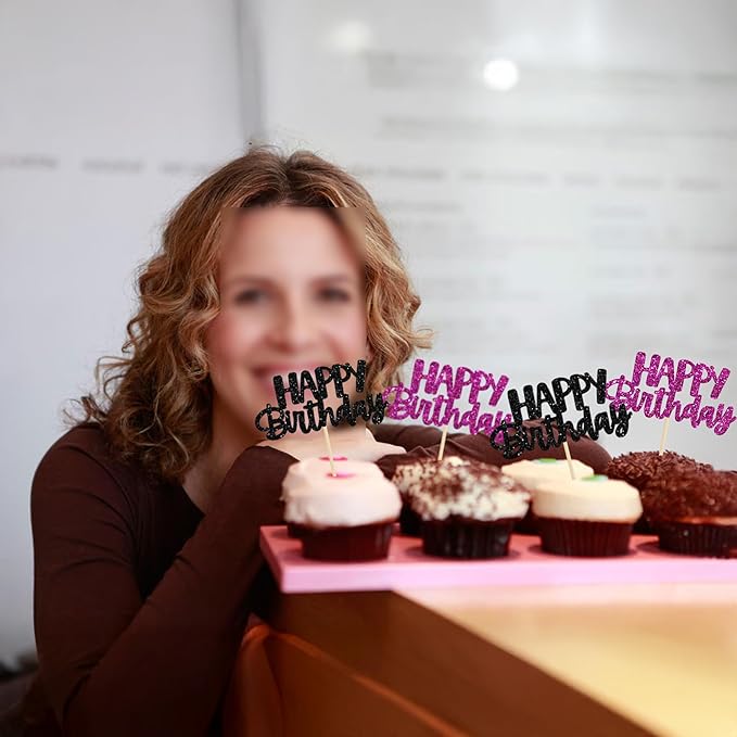 Gyufise 24Pcs Happy Birthday Cupcake Toppers Glitter Birthday Cake Topper Decorations for Celebrating Halloween Theme Party Decorations Supplies Black Purple