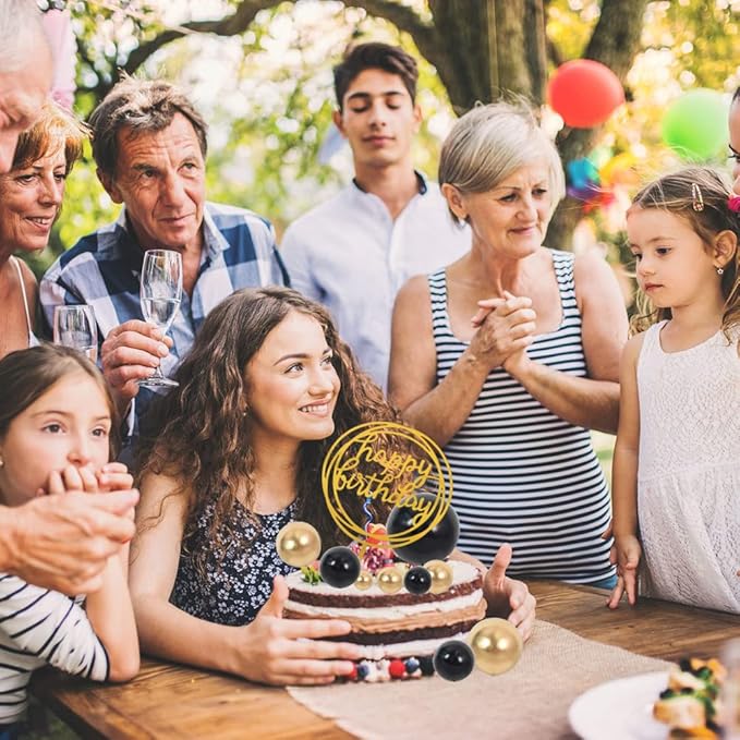 BEISHIDA Cake Topper Gold 27 Pack Cupcake Topper with Mini Balls, Happy Birthday Acrylic Toppers, Cake Decorations with Insert Pick DIY for Anniversary Wedding Baby Shower Party(Gold/Black)