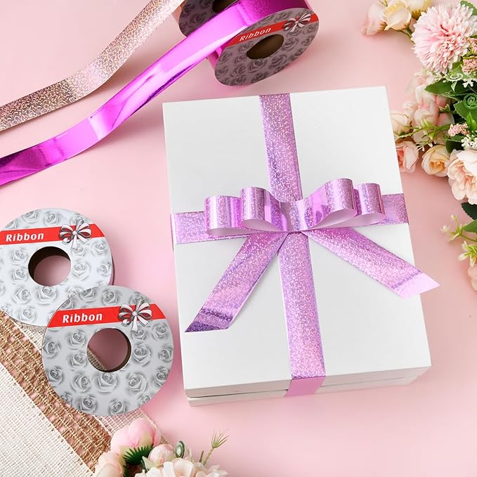 4 Rolls Wrapping Shiny Waterproof Ribbon for Christmas, 50 Yards Curling Plastic Ribbon for Gifts Package Wrapping, Bows, Festival Craft Party Decor(Purple, Pink, Rose Gold, Silver,1 Inch)