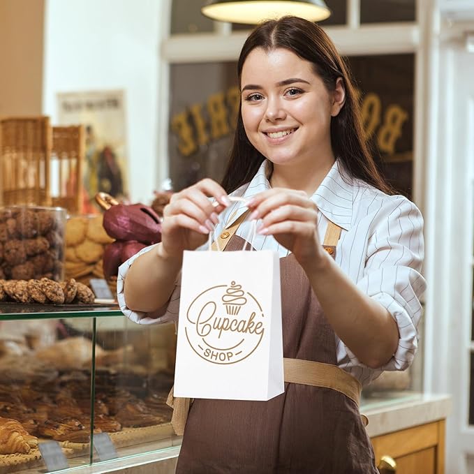 MESHA Gift Paper Bags 300 PACK 5.25x3.75x8'' White Small Shopping Kraft Bags Bulk with Handles Reusable for Business Grocery Birthday Wedding Kids Party Favors(Made in USA)