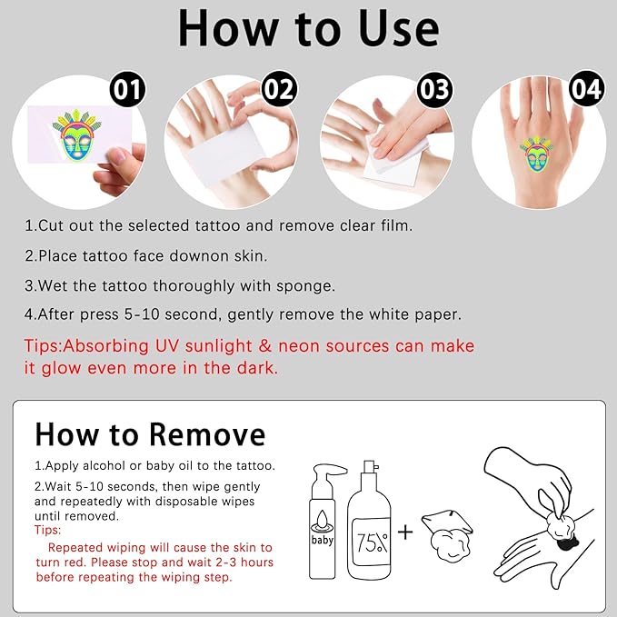 201pcs Glow in the Dark Temporary Tattoos for Adults and Kids, Glitter Tattoo Kit, Neon Body Face UV Blacklight Fake Tattoos Stickers, Glow in the Dark Party Supplies, Rave Accessories (32 Sheets)