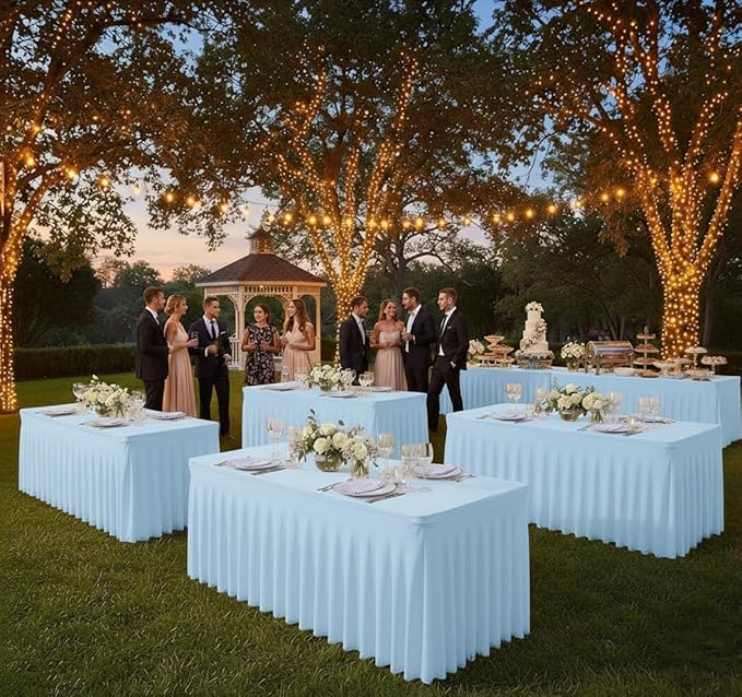 HolidayIdeas Floor Length 8ft Spandex Tablecloth 2 Pack Fitted Stretch Table Skirts 30x96 Inch, Ruffle Design Wrinkle-Free Polyester Table Cover for Weddings Parties Banquets Events,Baby Blue, 2 Pcs
