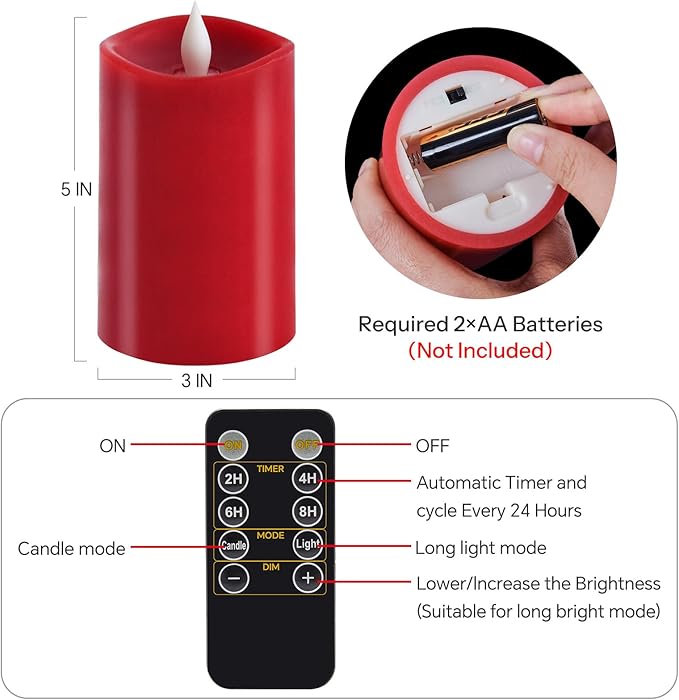 1PCS, 3 x 5 inches Flameless Candle with Remote Control, 3D Flickering Wick, Real Wax Pillar LED Candles, Battery Candles,with Timer,for Holiday Home Decor, Red