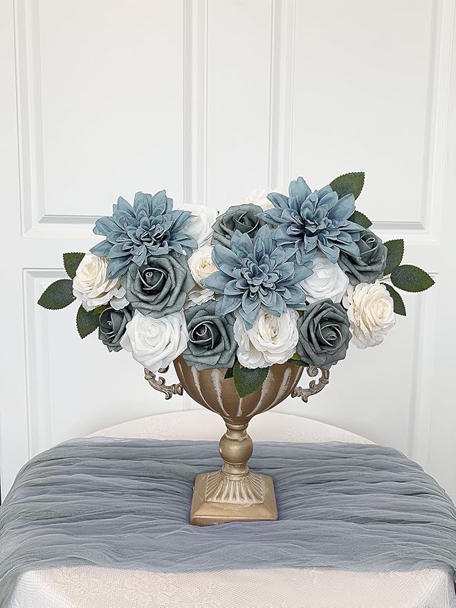 Roses Artificial Flowers Blue Fake Flower Bulk for DIY Wedding Bouquets Bridal Baby Shower Centerpiece Table Decorations Silk Faux Floral Arrangements for Party Home Decor Indoor Dusty Blue