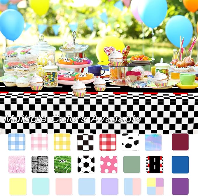 WNINK 3 PCS Racing Car Theme Tablecloths Car Disposable Plastic Tablecloths Black Checkered Flag Table Covers Racetrack Rectangular Tablecloth for Race Car Birthday Party Decorations, 54 x 108 Inch