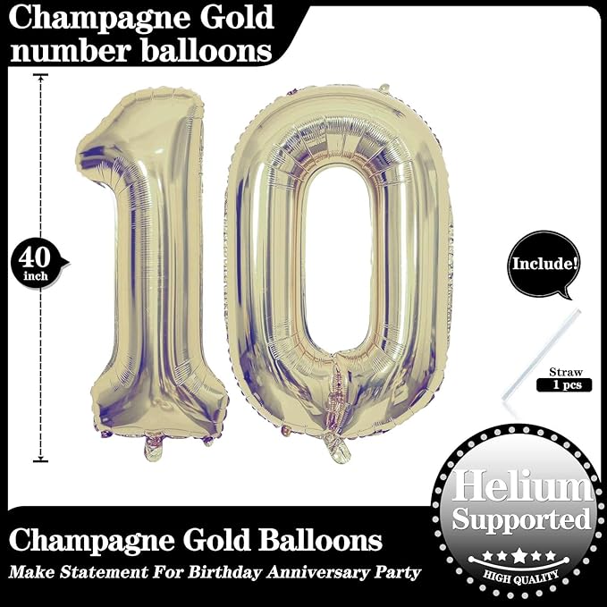 Champagne Gold 10 Number Balloons, 40 Inch Giant Number 10 Balloons Foil Mylar Helium Light Gold Number Balloons for 10th Birthday Party Supplies Anniversary Event Celebration Decorations