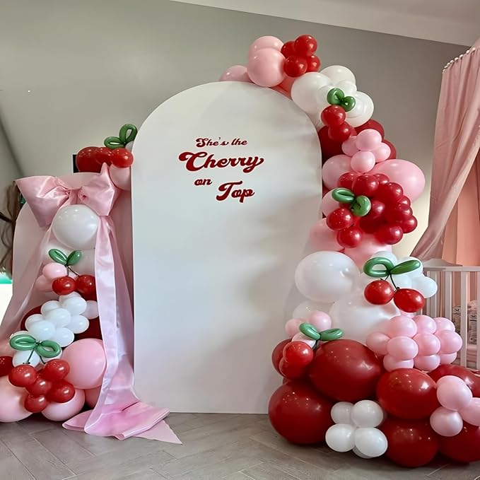 Cherry Balloons Arch Red and Pink Balloons Garland for Girls Birthday Berry Sweet Decorations Summer Fruit Party Coquette Bow Light Pink Red White Clear Latex Balloon Bachelorette Baby Bridal Shower