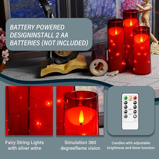 Flameless Candles with Embedded Star String, Battery Operated LED Pillar Candles with Timer and Remote Control,Home Decorating for Ambiance, Set of 9 (Red)