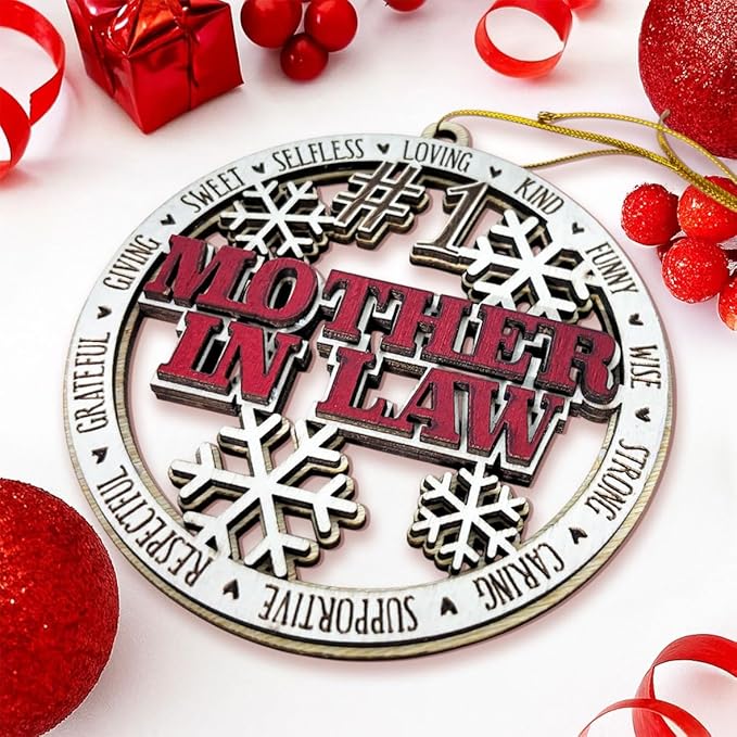 #1 Mother-in-Law Wooden Christmas Ornament – Rustic Holiday Tree Hanging Decoration, Unique for Mother-in-Law, Stocking Stuffer Keepsake