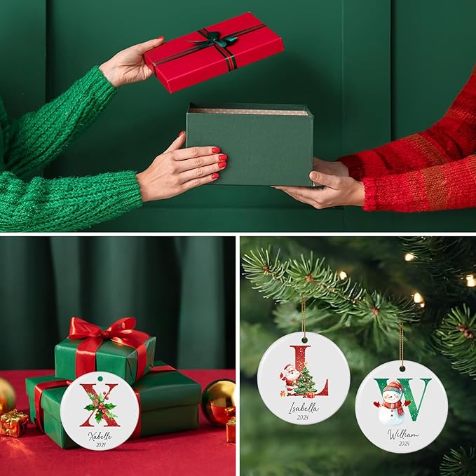 Letter Name Ornaments, Personalized Christmas Ornaments, Custom Initials Ornaments A-Z Monogram Ceramics Name Christmas Decorations