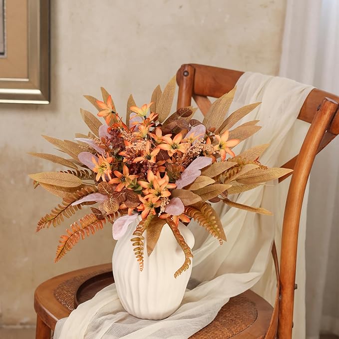 Artificial Greenery Stems Box Set for Fall Decor (Pack of 70pcs) with 8 Kinds of Faux Plants and Fake Flowers for Autumn DIY Wedding Bouquet Table Centerpieces and Floral Arrangement (Brown & Orange)