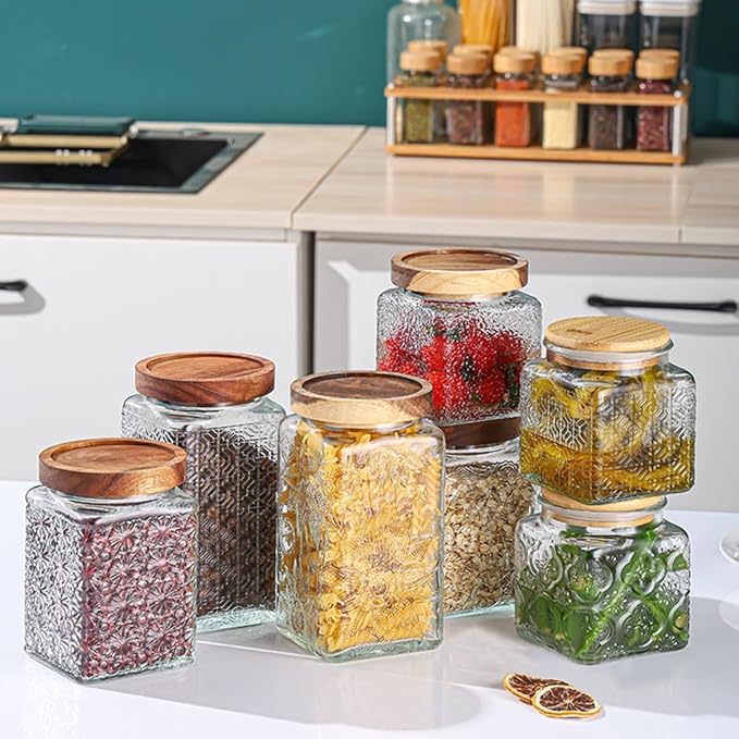 ANSQU Vintage Glass Storage Jar, 34oz Glass Canister Storage Jar Container with Airtight Wooden Lid for Kitchen Counter, Pantry, Coffee, Tea, Sugar, Cookie Jars (Square-Sunflower)