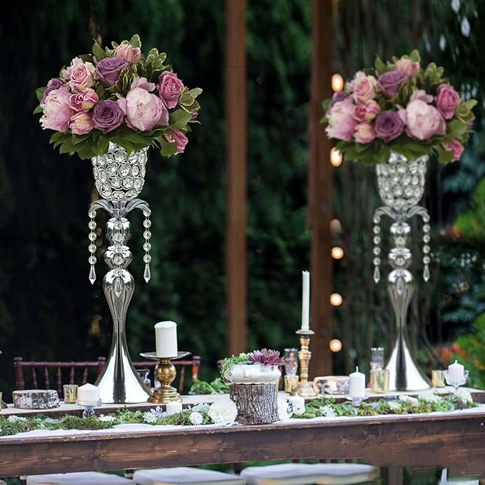 2Pcs Silver Crystal Metal Vase Set - Tulip & Trumpet Wedding Centerpieces, Artificial Flower Arrangement Vases for Home Decor, Restaurant Table Displays