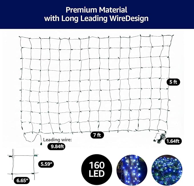 Led Christmas Net Lights White and Blue Outdoor Christmas Lights 160LED 5ftx7ft, Connectable Outdoor Indoor Fairy Mesh Net Light for Party, Yard, Patio, Trees, Shrubs, Bushes Decorations
