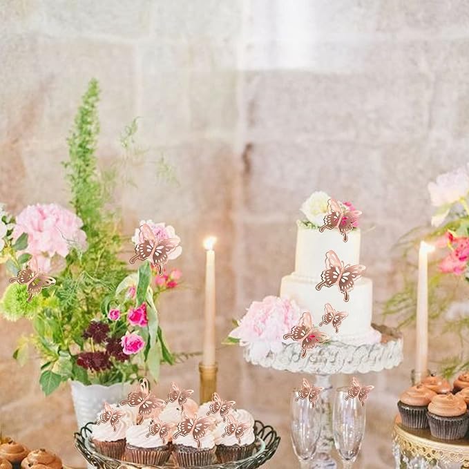 40 PCS Rose Gold Lively 3D Butterfly Cupcake Toppers Hollow Art Butterfly Cake Topper Decorations for Baby Shower Wedding Anniversary Kids Birthday Party Supplies Mixed Size