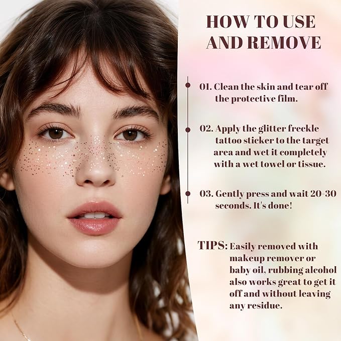 24pcs Glitter Freckles Face Tattoo - Rose Gold Face Sparkle Freckles Temporary Tattoos for Women Girls, Waterproof & Long Lasting Freckles Makeup Patches for Party, Concerts, Daily Accessories