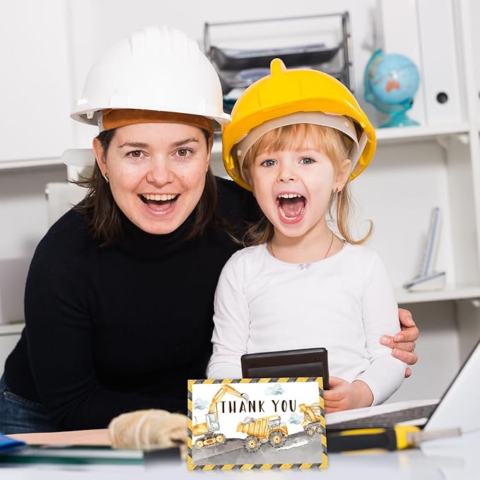 Whaline 24 Pcs Construction Thank You Cards Greeting Cards with Envelopes Stickers Yellow Dump Truck Digger Excavator Blank Note Cards for Birthday Baby Shower Party, 4 x 6 Inch