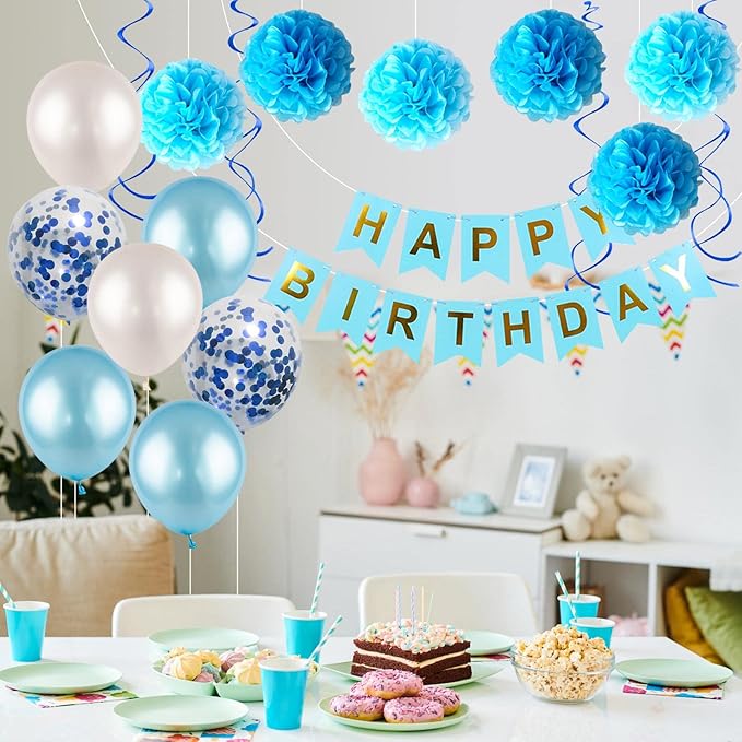Blue White Birthday Party Decoration Kit - Happy Birthday Banner, Spiral Charm, Paper Flower Ball, Latex Balloons and Confetti for Boys' Party Supplies