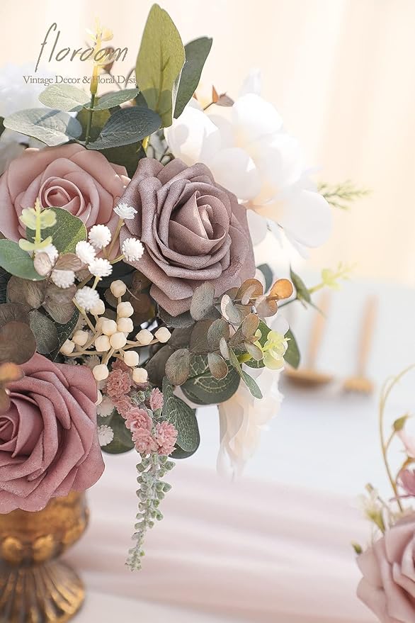 Floroom Artificial Flowers 25pcs Real Looking Dusty Rose Ombre Colors Foam Fake Roses with Stems for DIY Wedding Bouquets Bridal Shower Centerpieces Floral Arrangements Party Tables Home Decorations