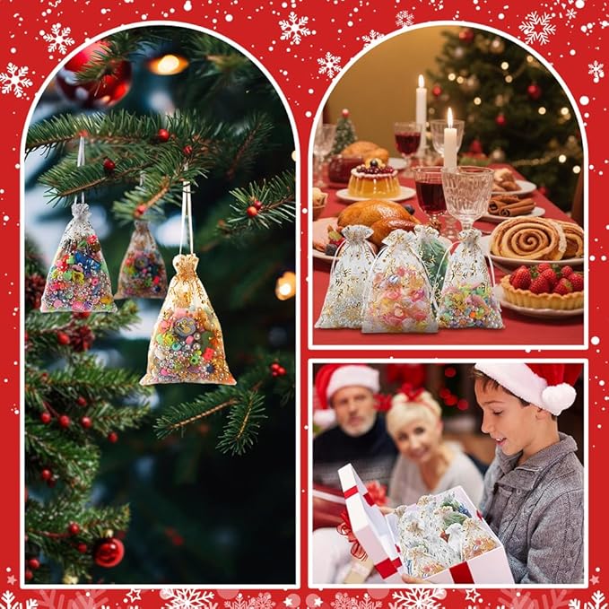 Christmas Organza Gift Bags 4x6 Gold Snowflake Mesh Bag Drawstring 50 Pcs White Mesh Gift Bags Drawstring Xmas Favor Bags Jewelry Pouches Bulk Gift Pouch for Birthday Wedding Christmas Party Supplies