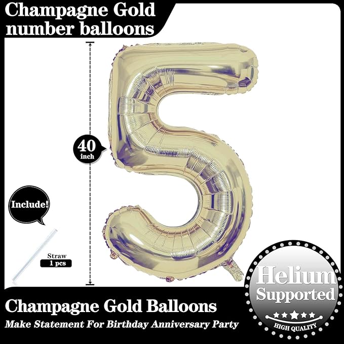 Champagne Gold 5 Number Balloons, 40 Inch Giant Number 5 Balloons Foil Mylar Helium Light Gold Number Balloons for 5th Birthday Party Supplies Anniversary Event Celebration Decorations